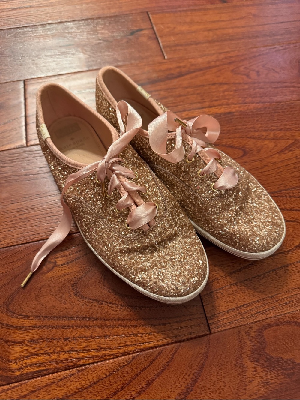 Kate Spade x Keds Pink Rose Glitter Champagne Sneakers 7.0 with Satin Laces